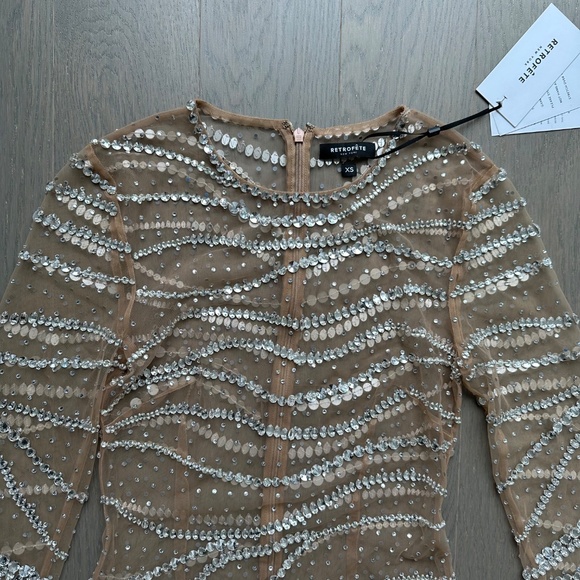 Retrofete RAES Sheer Crystal Long Sleeve Nude Mini Dress Embellished - XS - Picture 6 of 7